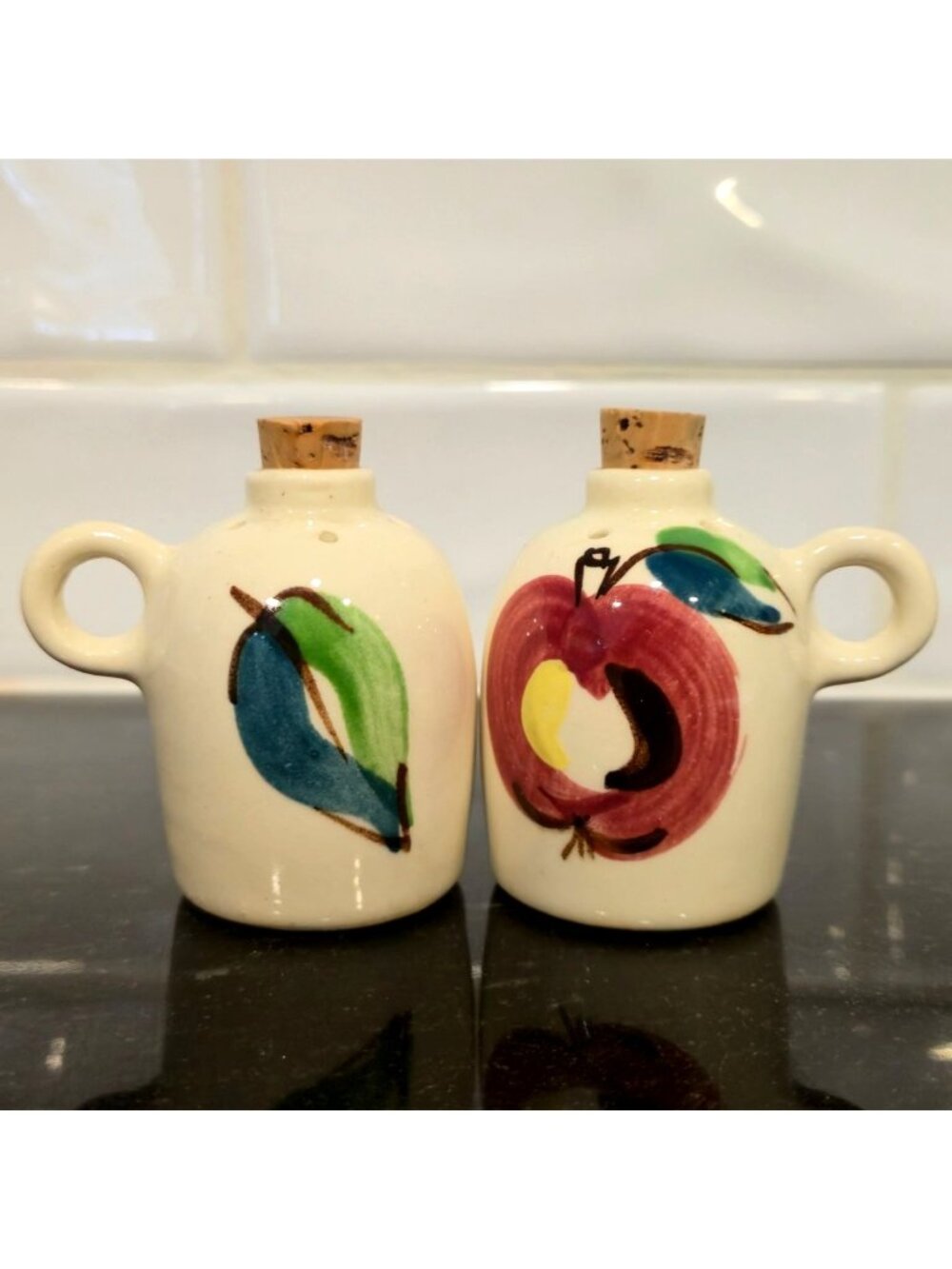 Vintage Apple Salt and Pepper Shakers Mini crocks pottery Hand Painted Jugs - Picture 1 of 8